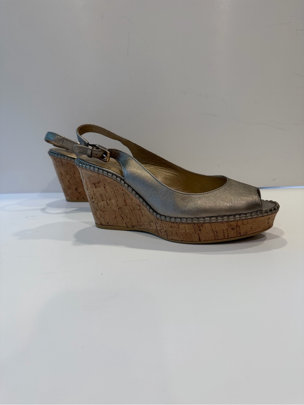 Stuart Weitzman Pewter Metallic Leather Peep-Toe Cork Wedge Slingback